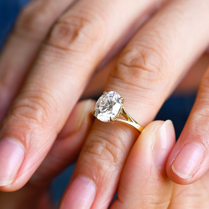 Oval cut engagement ring side view showing band detail