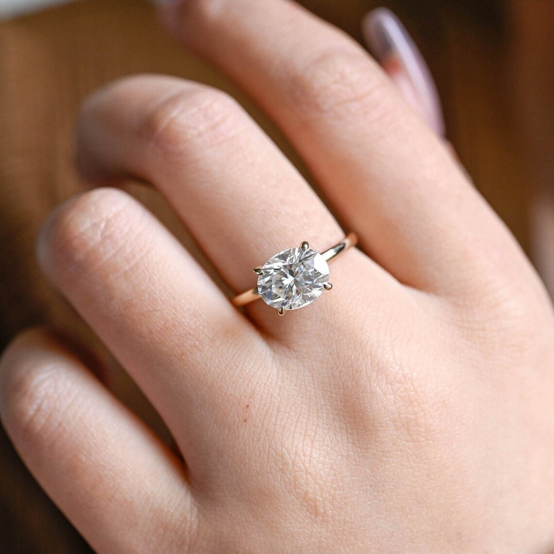 Oval cut engagement ring side view showing band detail