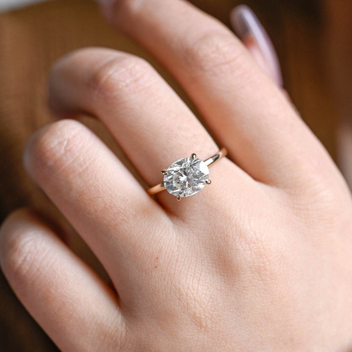 Oval cut engagement ring side view showing band detail