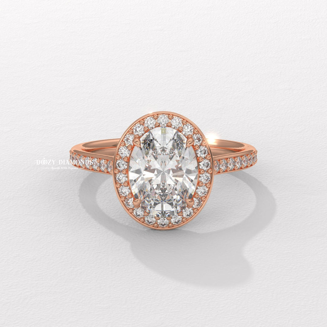 Oval cut halo engagement ring with IGI certified center diamond