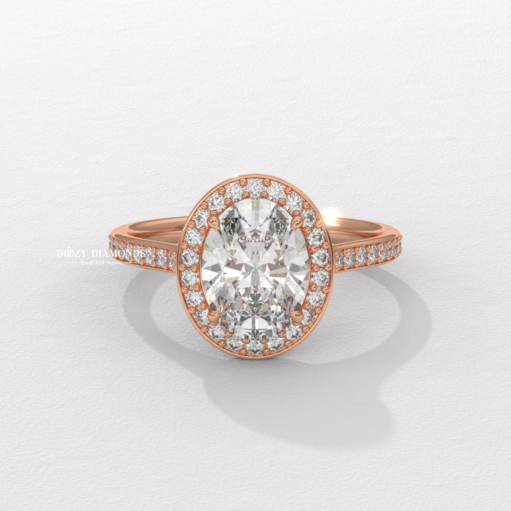 Oval cut halo engagement ring with IGI certified center diamond