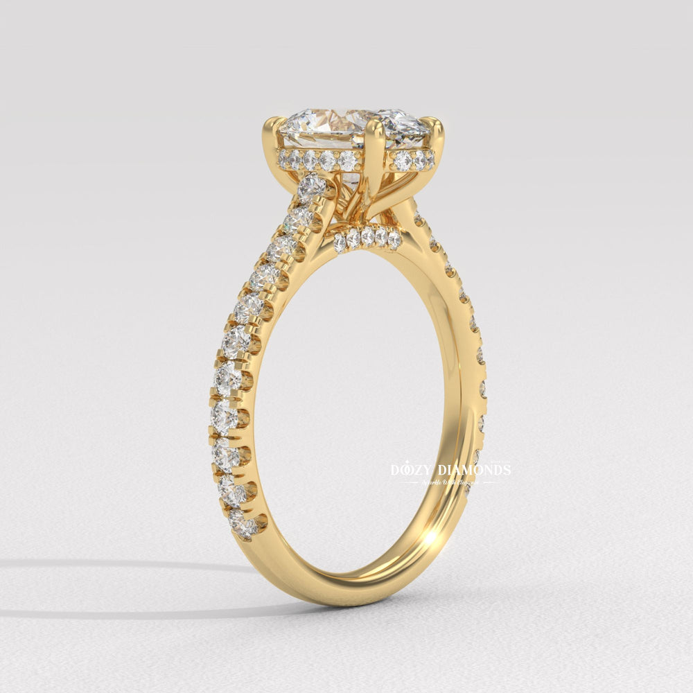 Oval halo engagement ring close-up showing high clarity diamond clarity