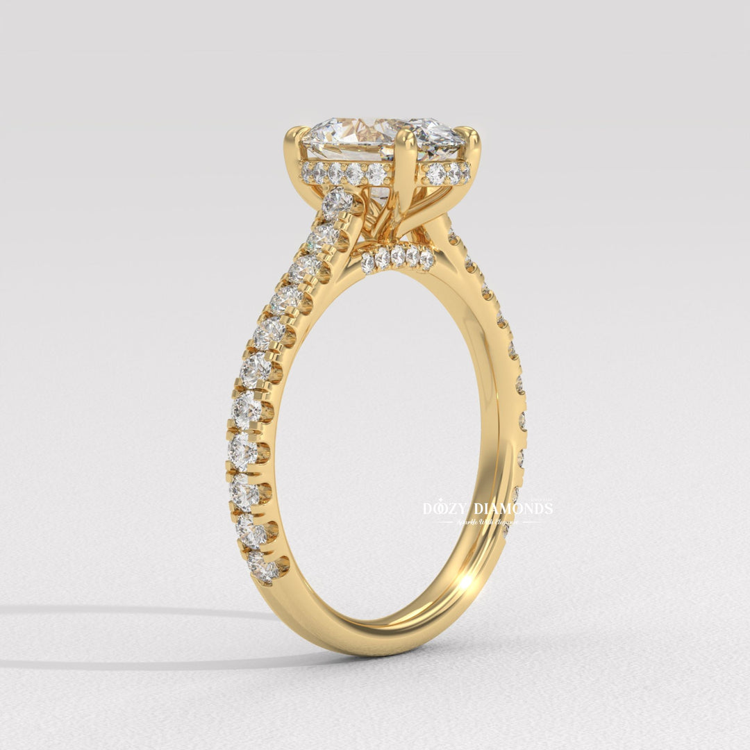 Oval halo engagement ring close-up showing high clarity diamond clarity