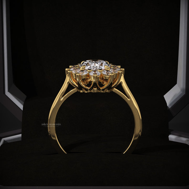 Oval halo engagement ring close-up showing high clarity diamond clarity