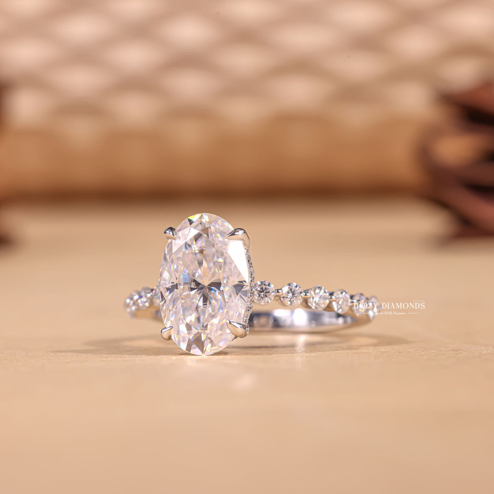 Oval hidden halo lab grown diamond ring side profile in gold setting