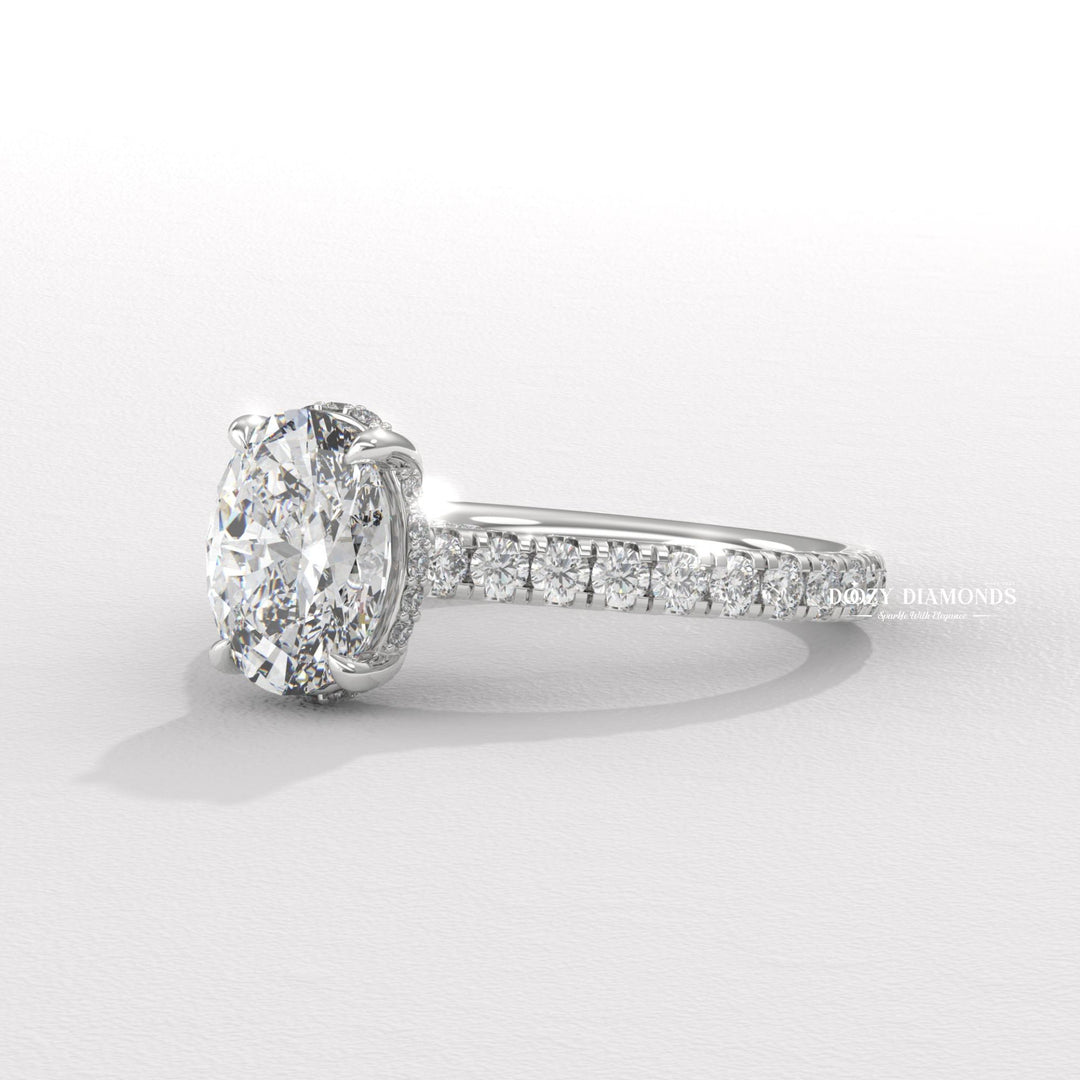 Oval cut engagement ring side view showing band detail