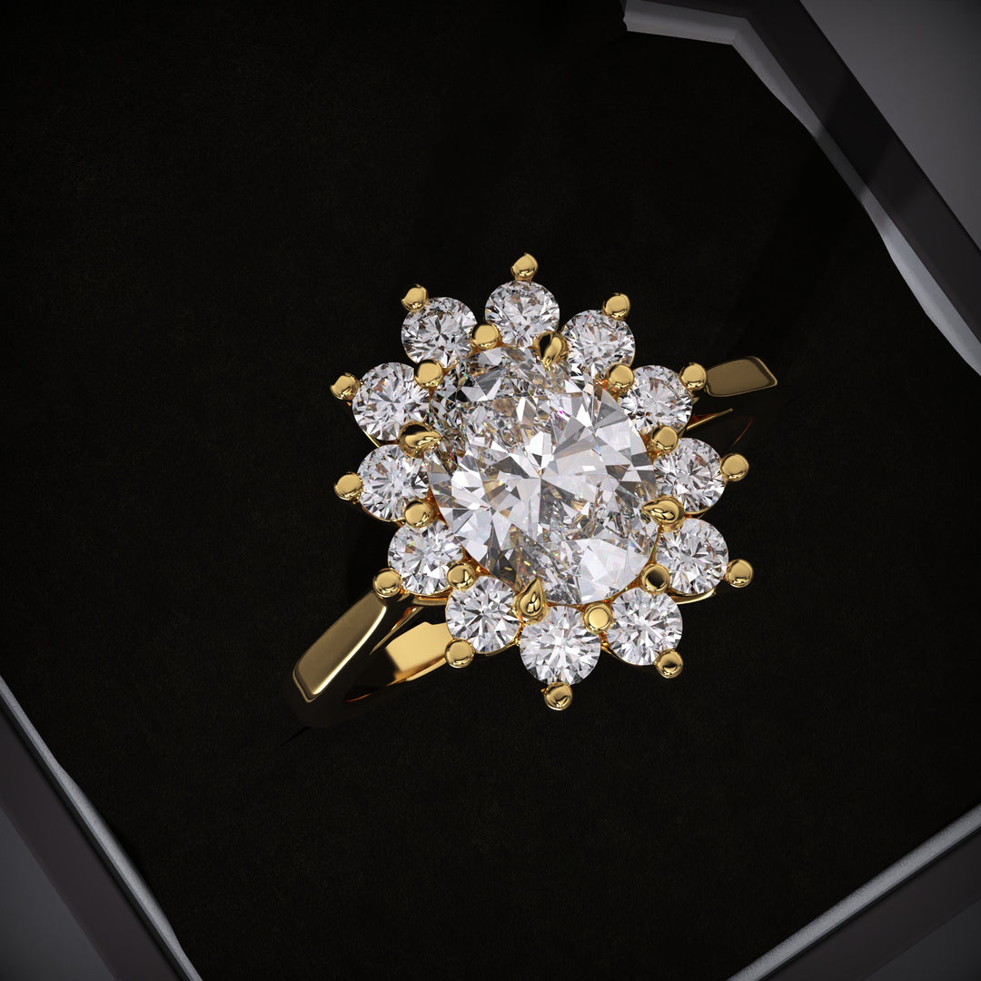 Oval cut halo engagement ring available to buy now