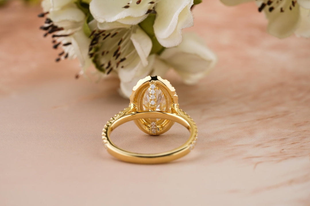 Fine craftsmanship detail on oval pave engagement ring