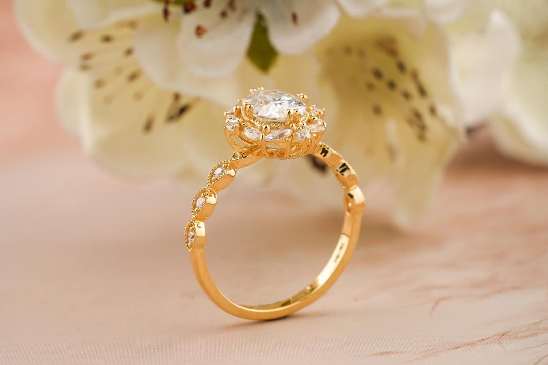 Oval vintage engagement ring close-up highlighting diamond sparkle