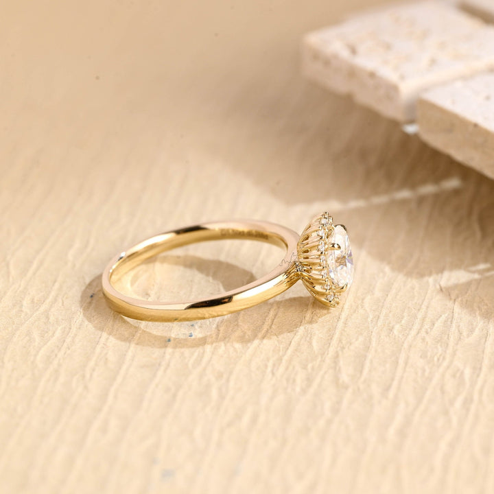 Oval solitaire engagement ring close-up showing high clarity diamond clarity