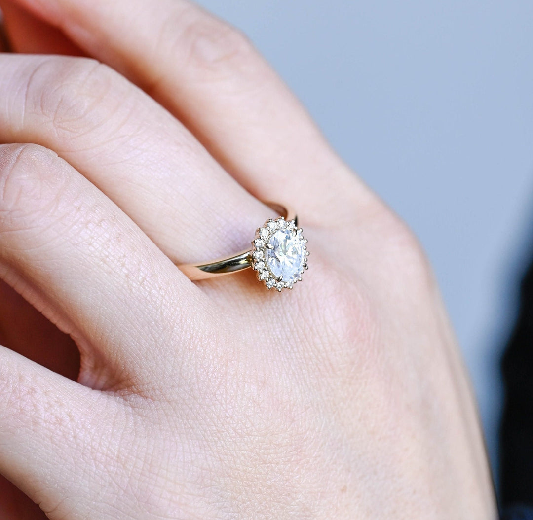 Macro shot of oval cut diamond facets in solitaire ring setting