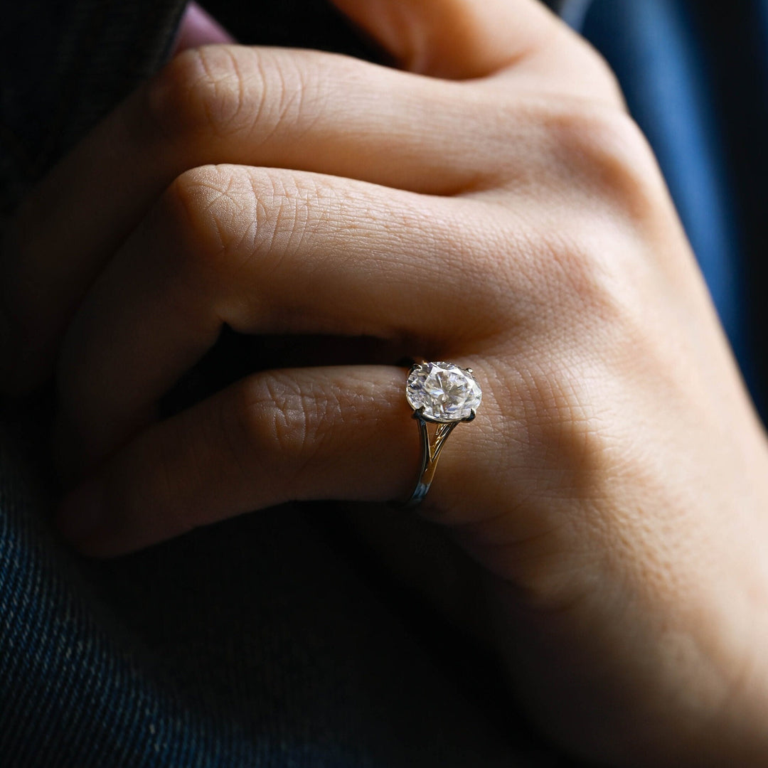Oval split shank engagement ring viewed from the side