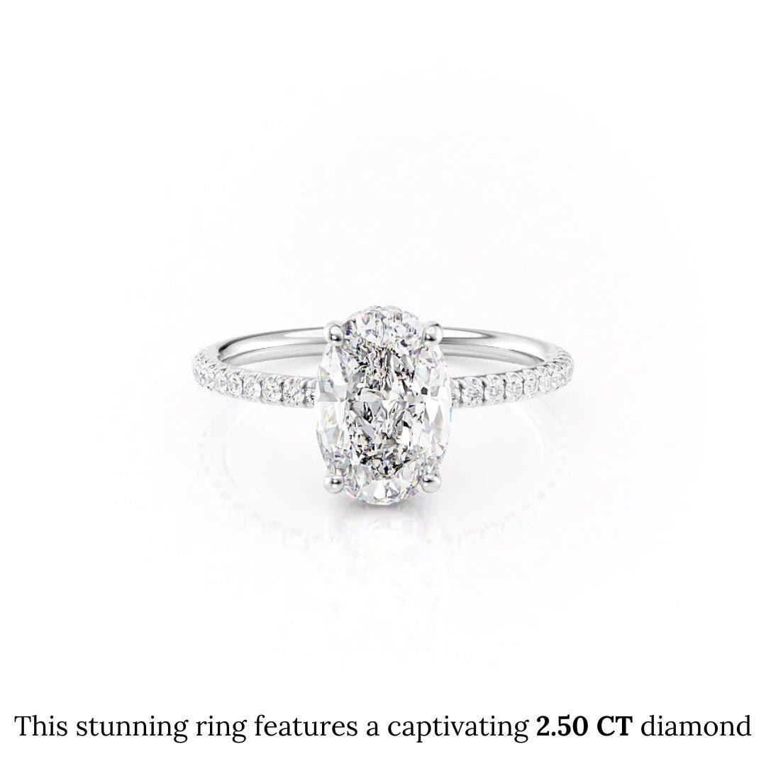 Oval hidden halo engagement ring shown on hand for true-to-life sizing