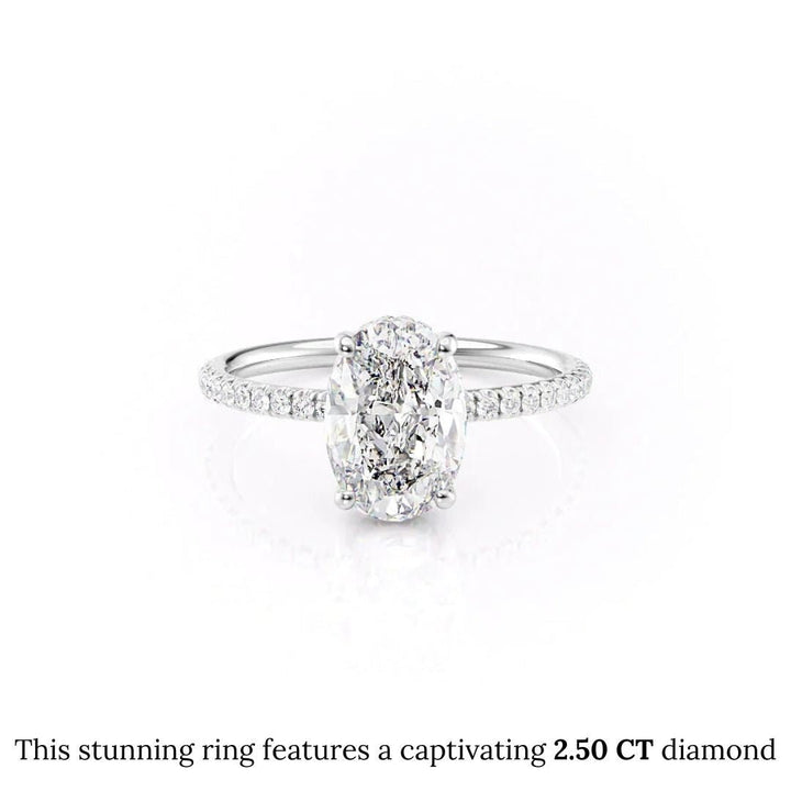Oval hidden halo engagement ring shown on hand for true-to-life sizing