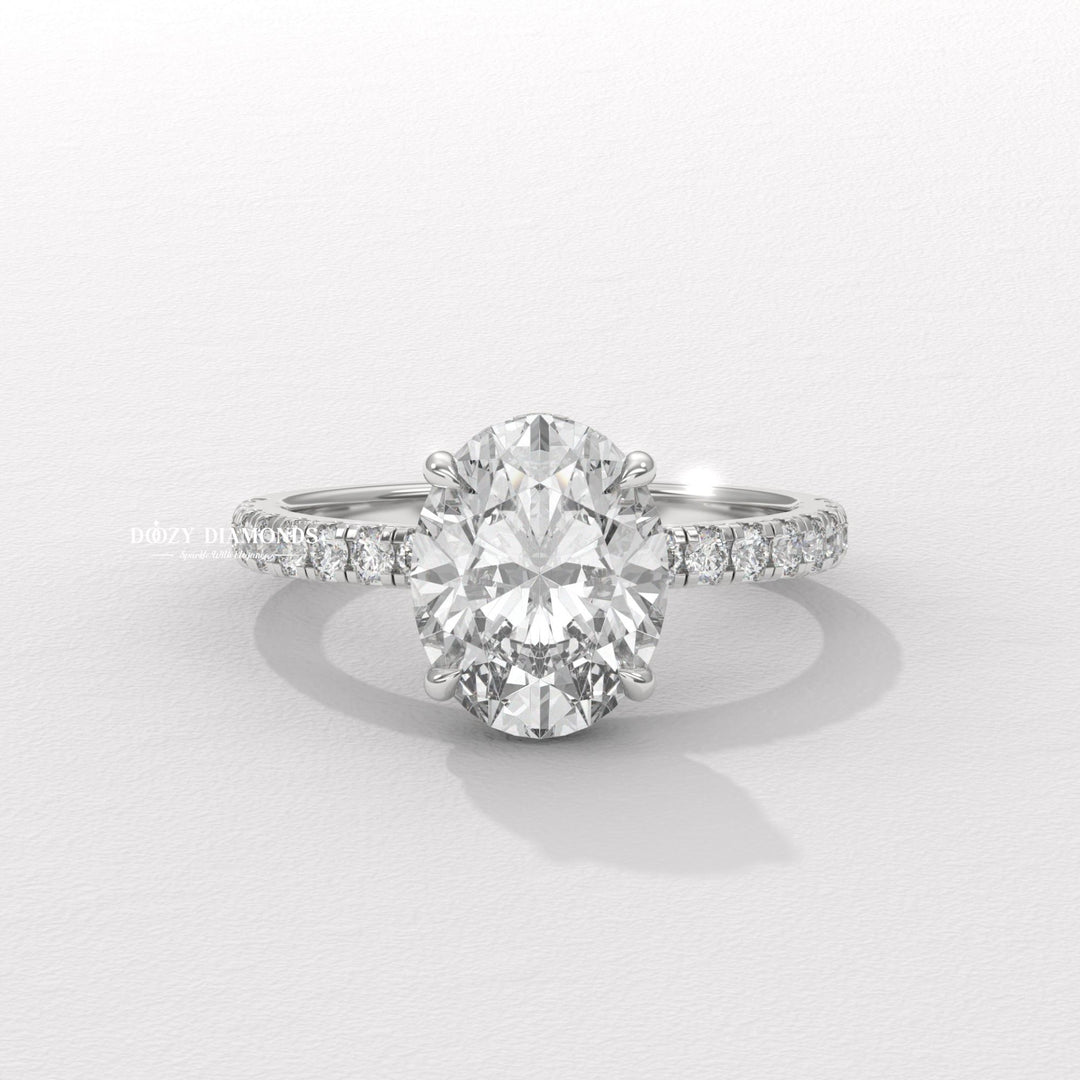 Oval hidden halo lab grown diamond ring side profile in gold setting