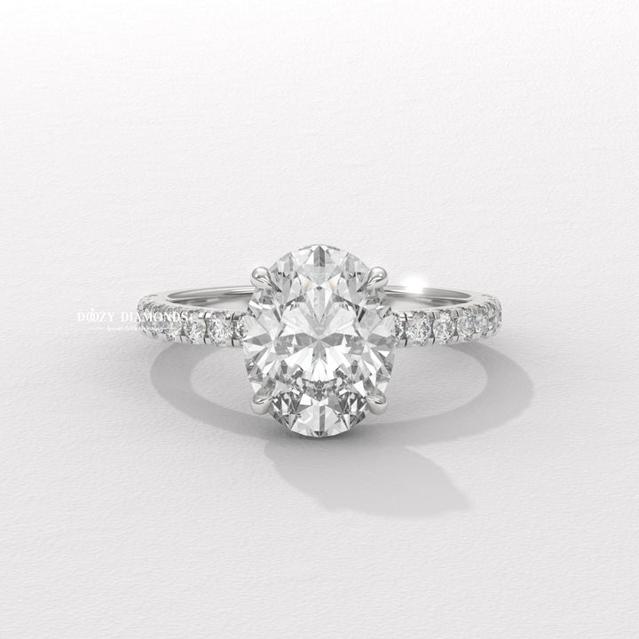 Oval hidden halo lab grown diamond ring side profile in gold setting