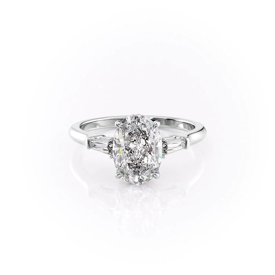 Oval three stone engagement ring photographed in natural light
