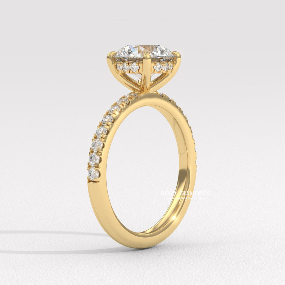 Lifestyle shot of round pave diamond ring on hand