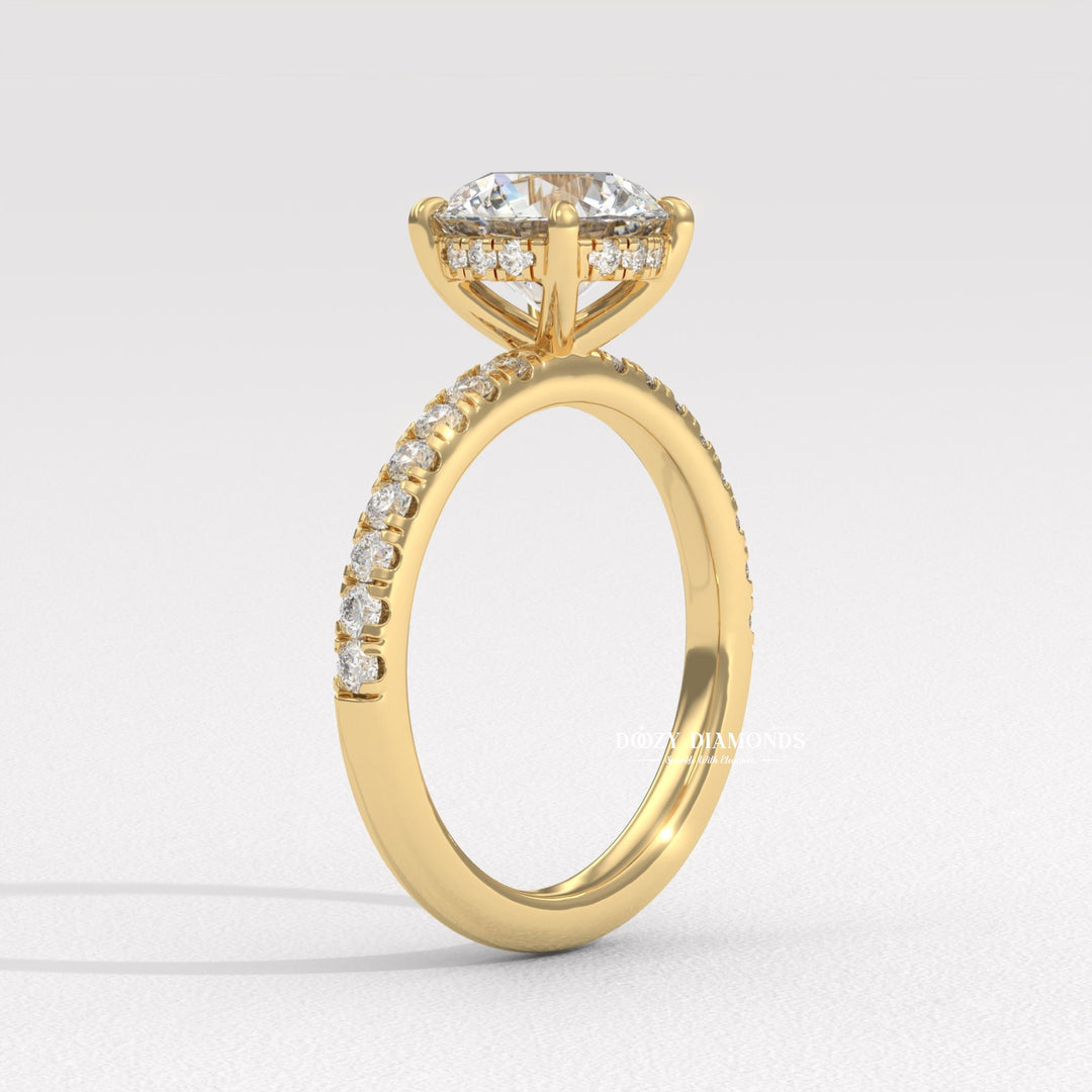Lifestyle shot of round pave diamond ring on hand