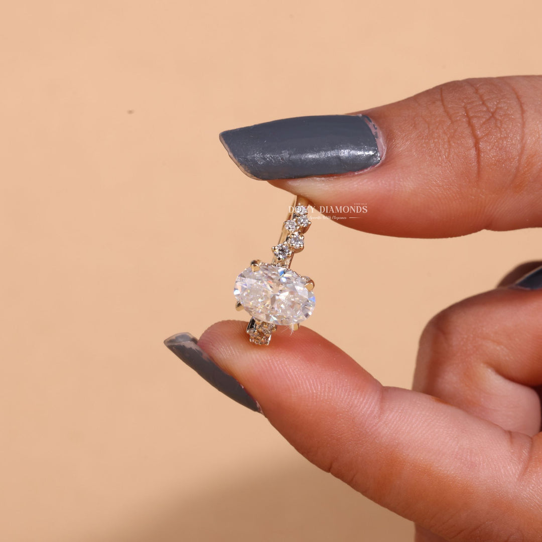 Oval pave diamond ring displayed on jewelry stand