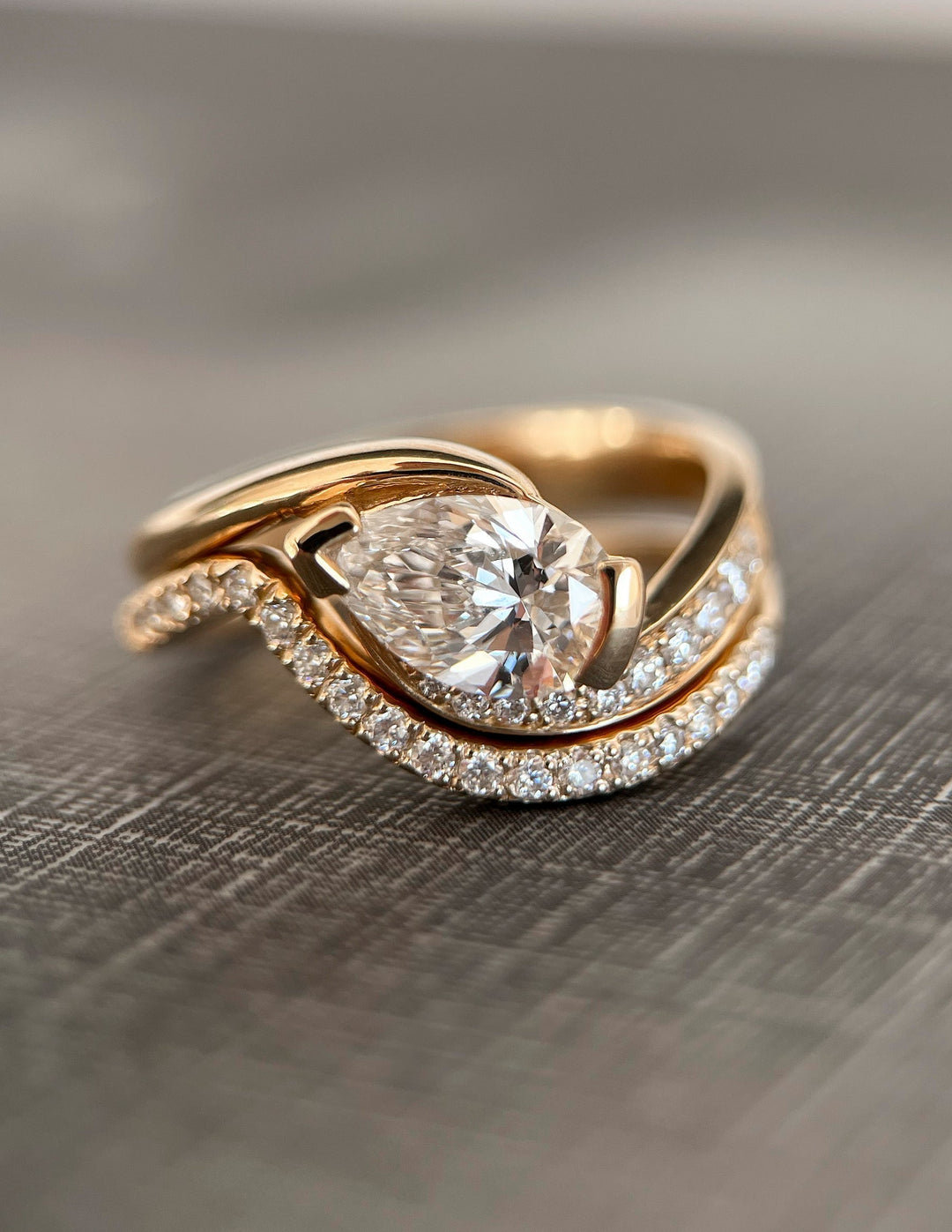 1.50CT Pear Half Bezel Lab Grown Diamond Ring Yellow Gold Unique Bypass Setting