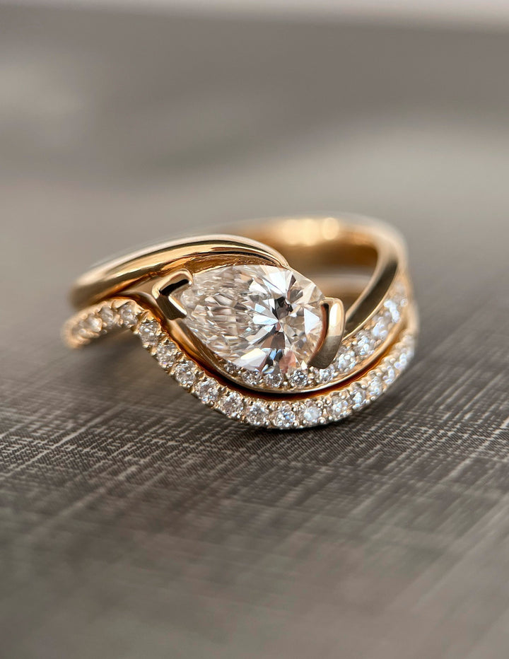 1.50CT Pear Half Bezel Lab Grown Diamond Ring Yellow Gold Unique Bypass Setting