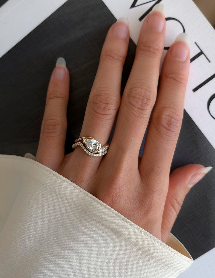 1.50CT Pear Half Bezel Lab Grown Diamond Ring Yellow Gold Unique Bypass Setting