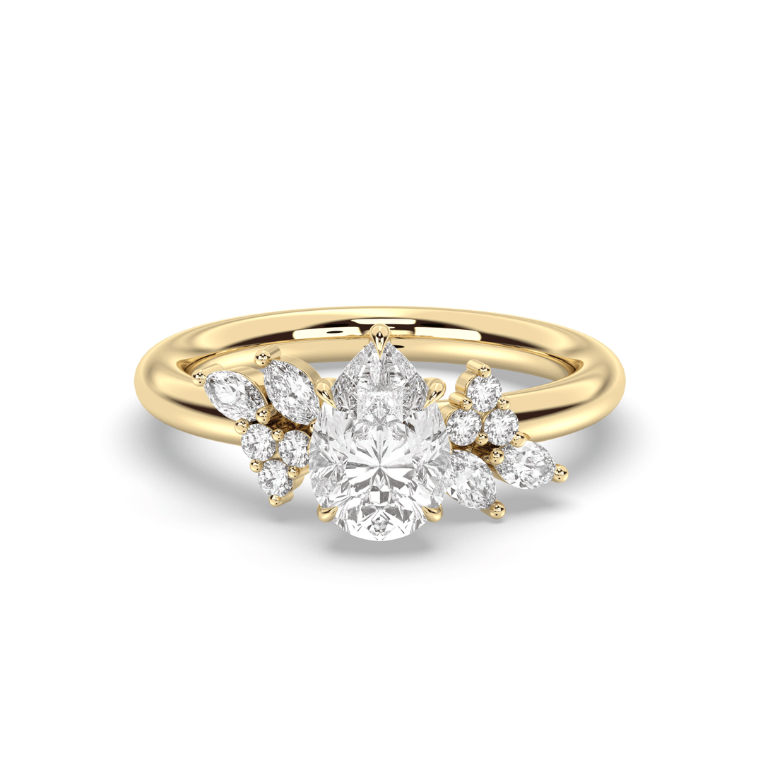 Pear cluster engagement ring with IGI certificate and packaging