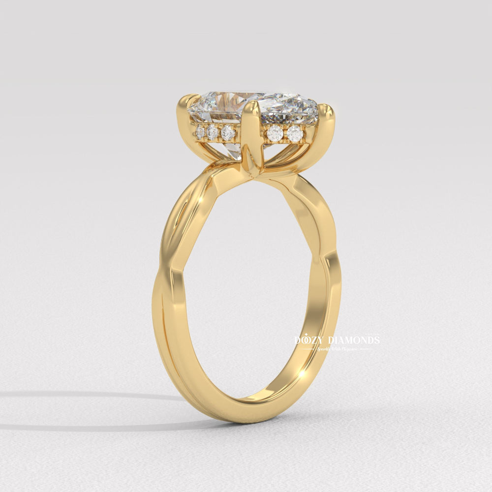 Detailed close-up of pear solitaire diamond engagement ring
