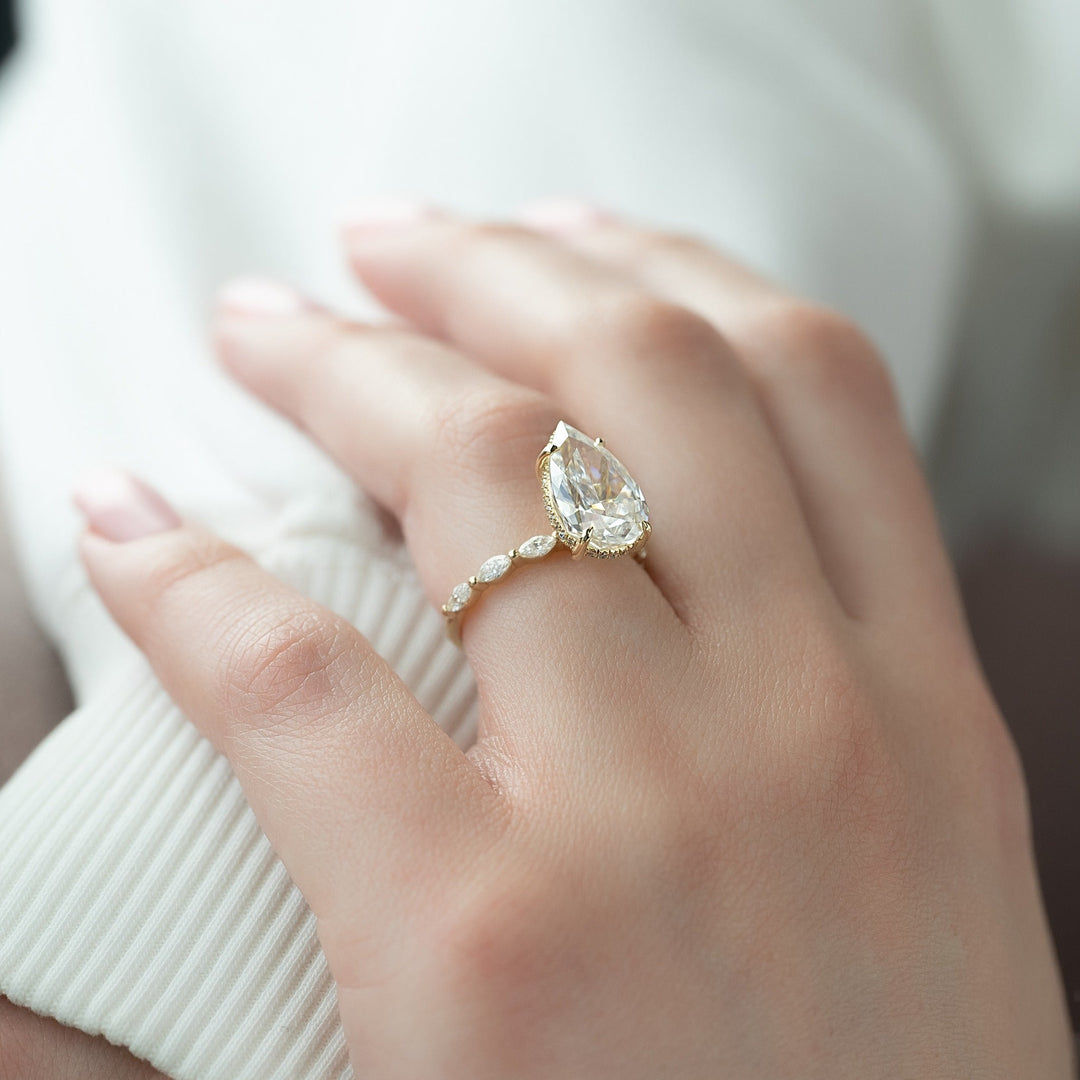 Pear hidden halo lab grown diamond ring in jewelry gift box
