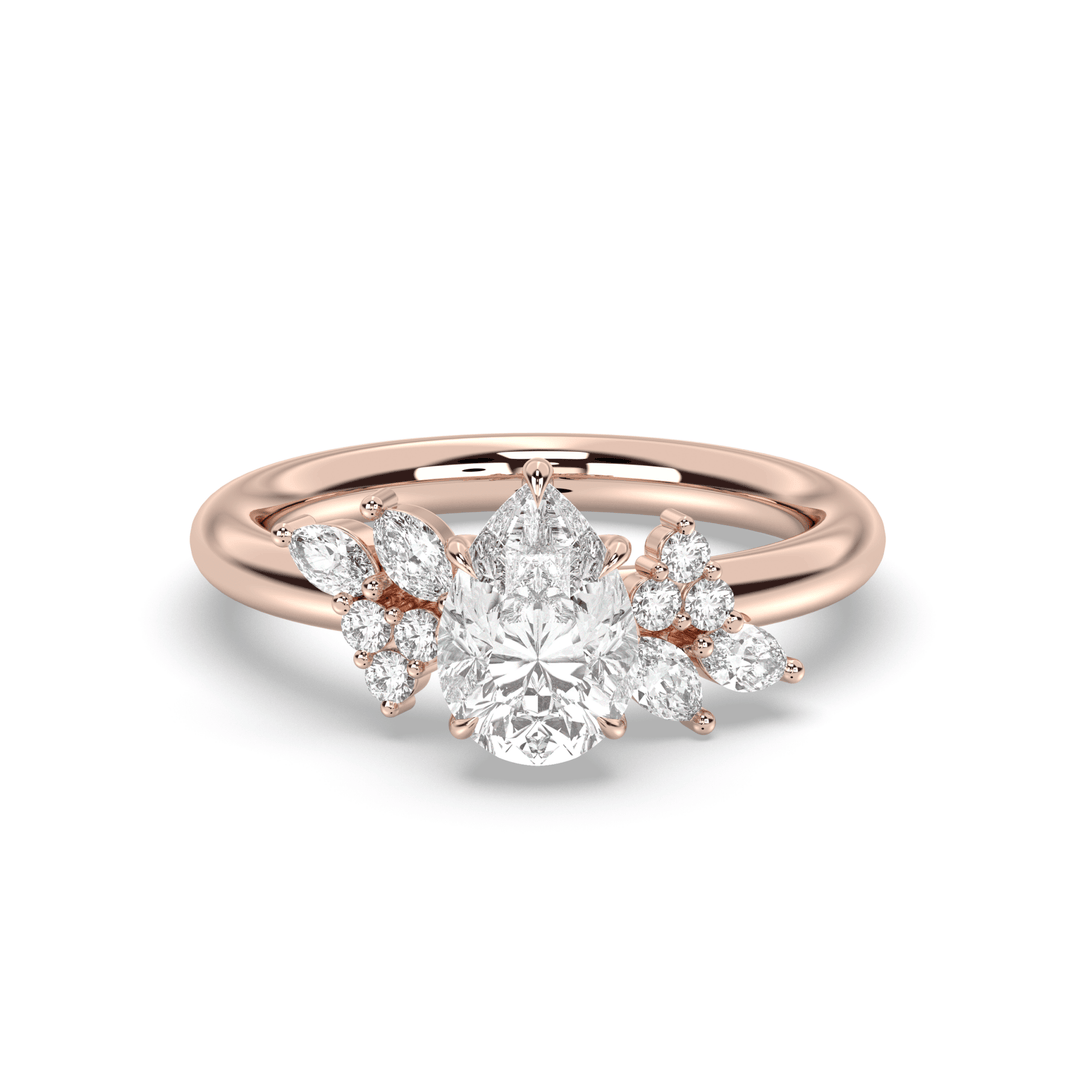 Top-down view of pear cut cluster engagement ring