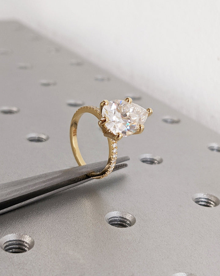 Handcrafted pear cut hidden halo lab grown diamond engagement ring