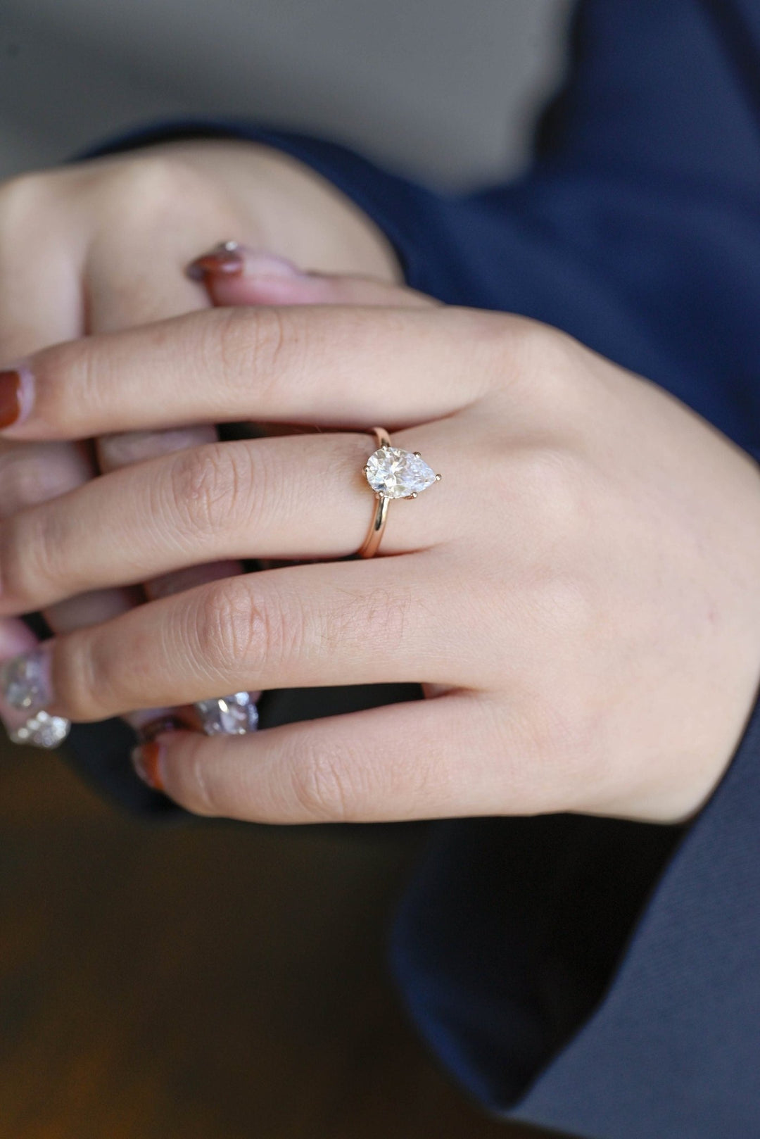 Handcrafted pear cut hidden halo lab grown diamond engagement ring