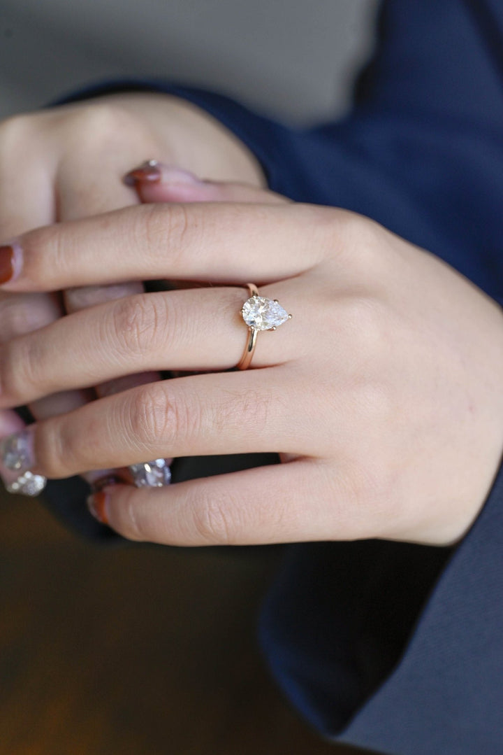 Handcrafted pear cut hidden halo lab grown diamond engagement ring