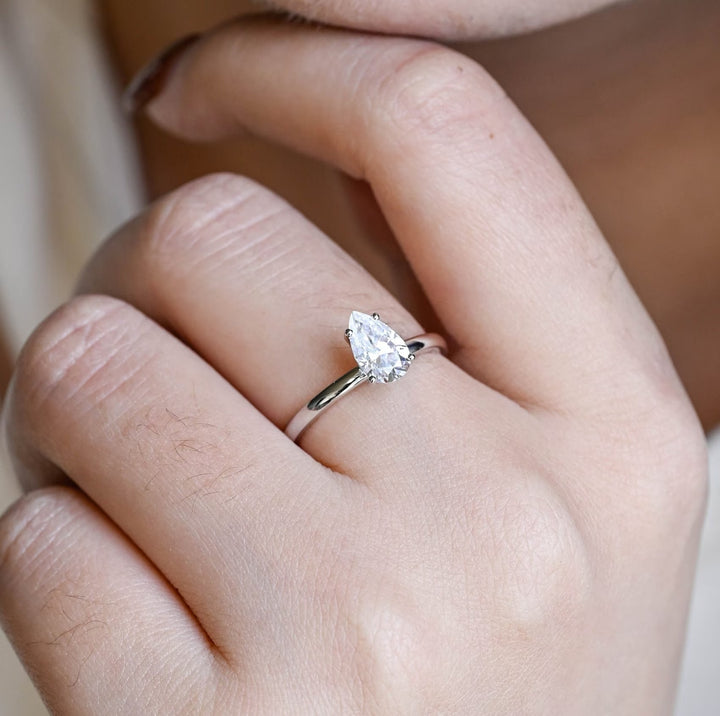 Handcrafted pear cut solitaire lab grown diamond engagement ring