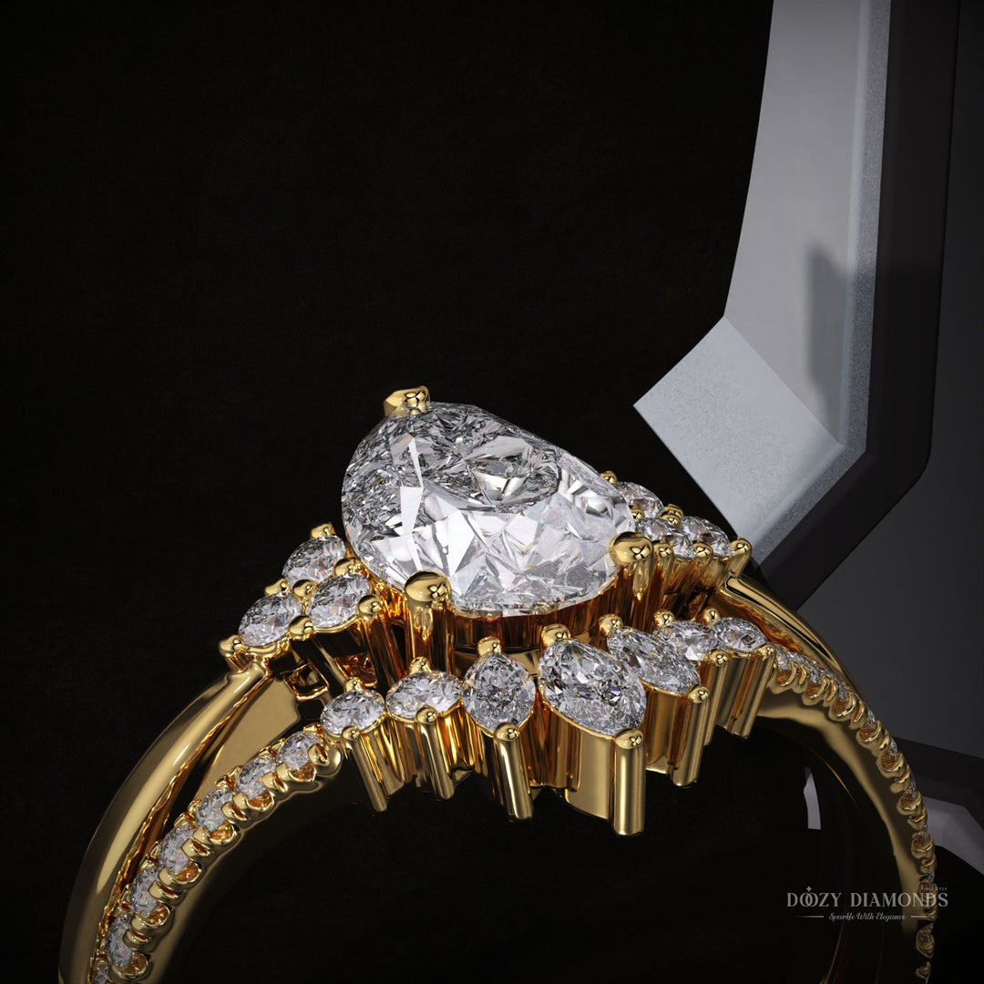 2.0CT Pear Cluster Lab Grown Engagement Ring With Curved Diamond Band