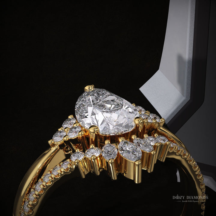 2.0CT Pear Cluster Lab Grown Engagement Ring With Curved Diamond Band