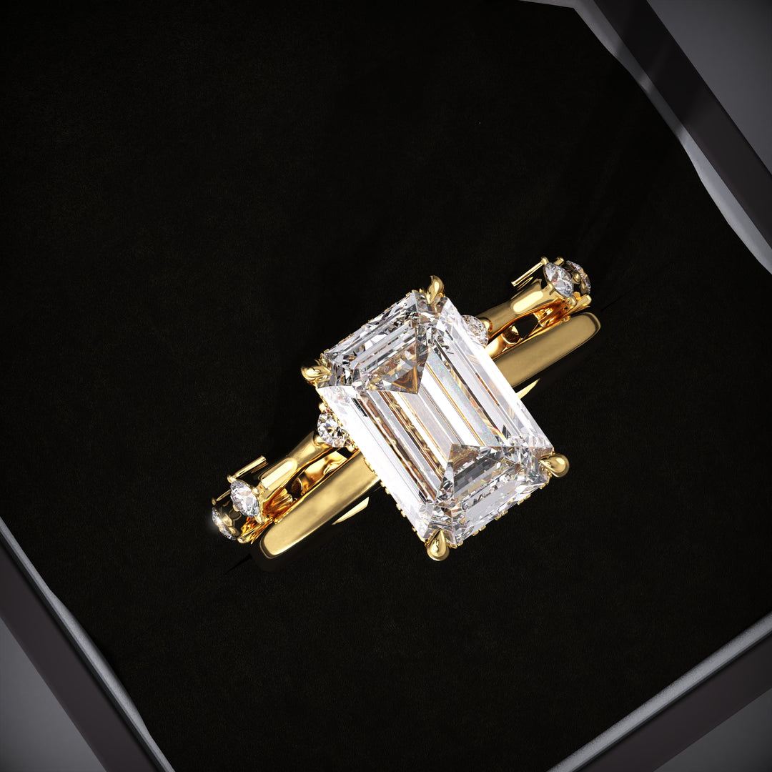 2.50CT Emerald Cut Hidden Halo Engagement Ring & Petite Pave Wedding Band