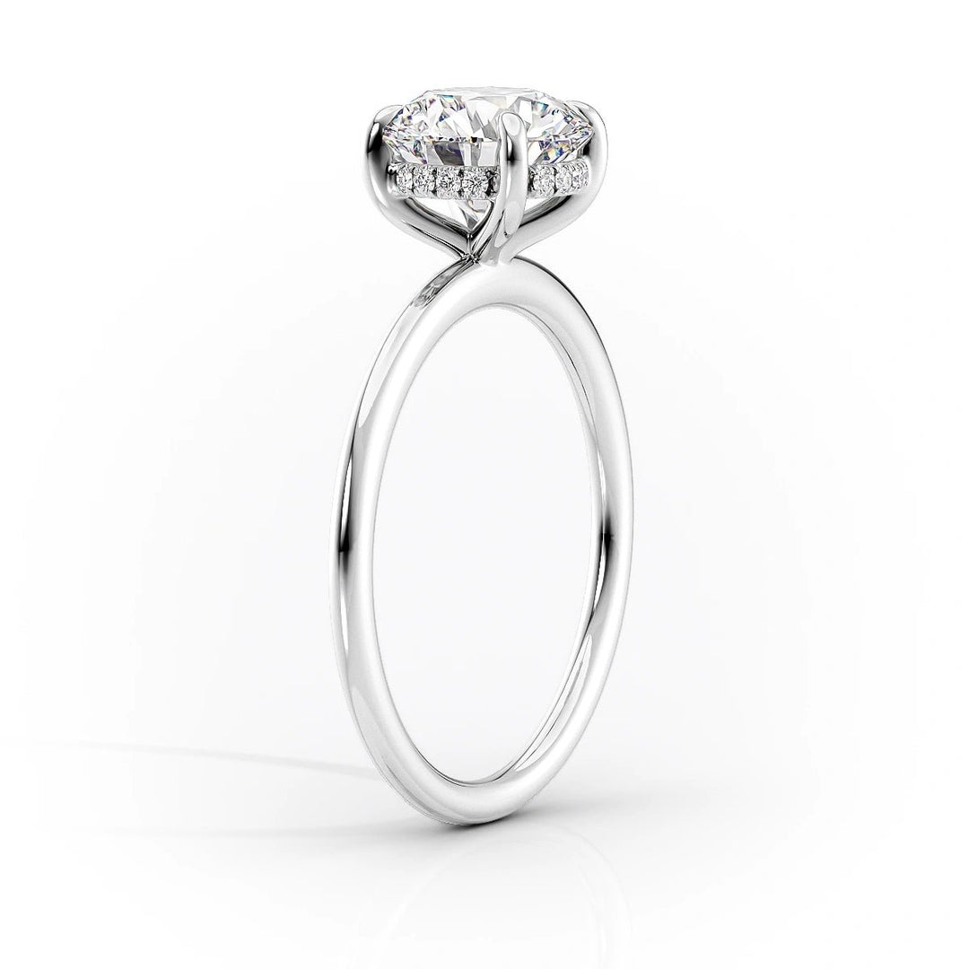 Profile view of round cut hidden halo engagement ring band