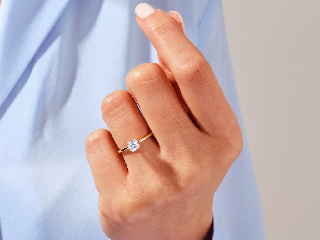 Asscher cut engagement ring side view showing band detail