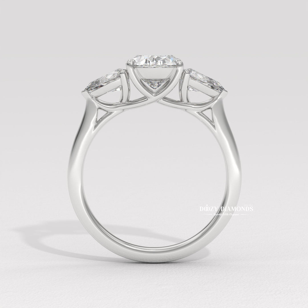 Side angle of oval three stone diamond engagement ring