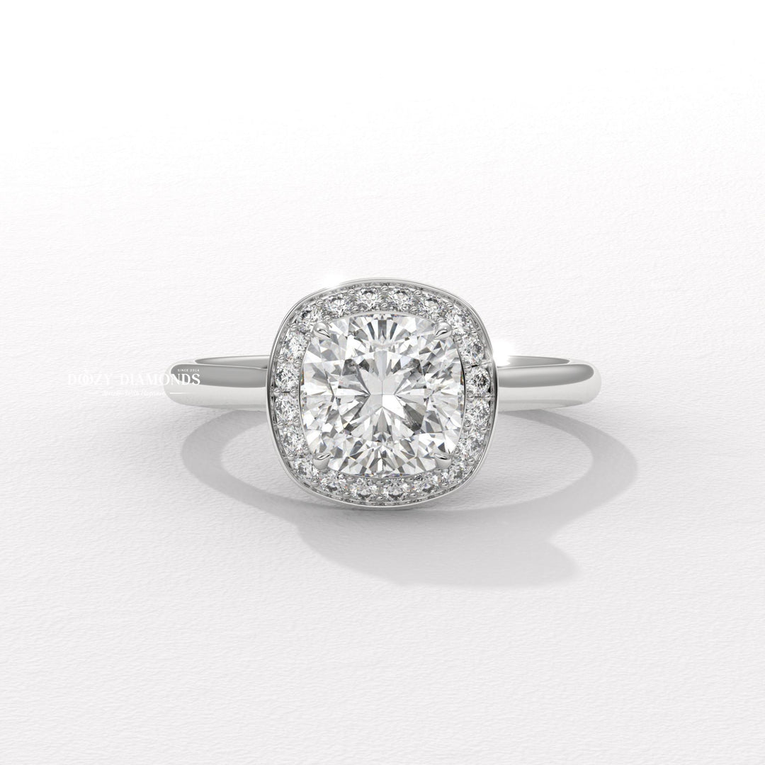 Cushion halo lab grown diamond ring in jewelry gift box