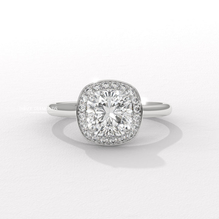 Cushion halo lab grown diamond ring in jewelry gift box