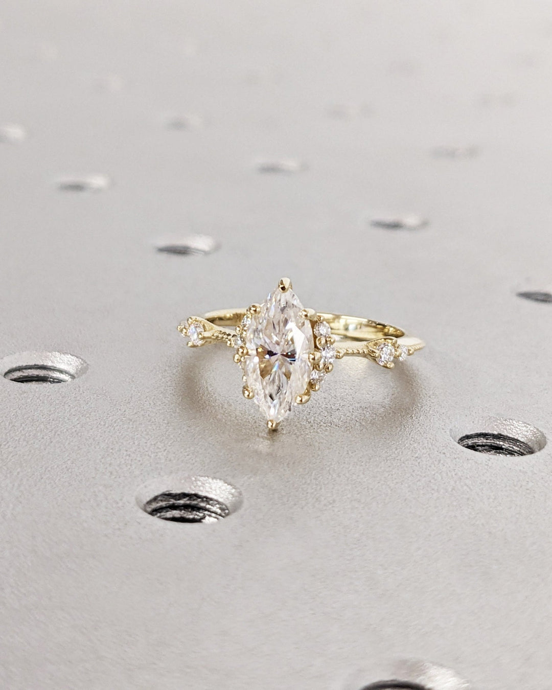 Marquise cluster lab grown diamond ring side profile in gold setting