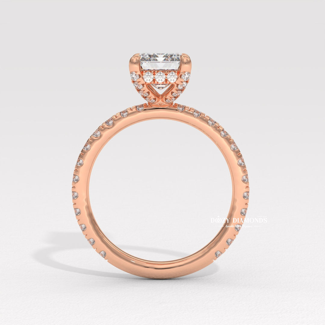 Handcrafted emerald cut hidden halo lab grown diamond engagement ring