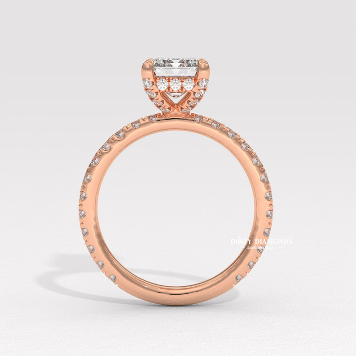 Handcrafted emerald cut hidden halo lab grown diamond engagement ring