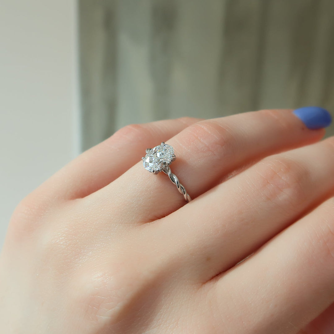 Handcrafted oval cut hidden halo lab grown diamond engagement ring