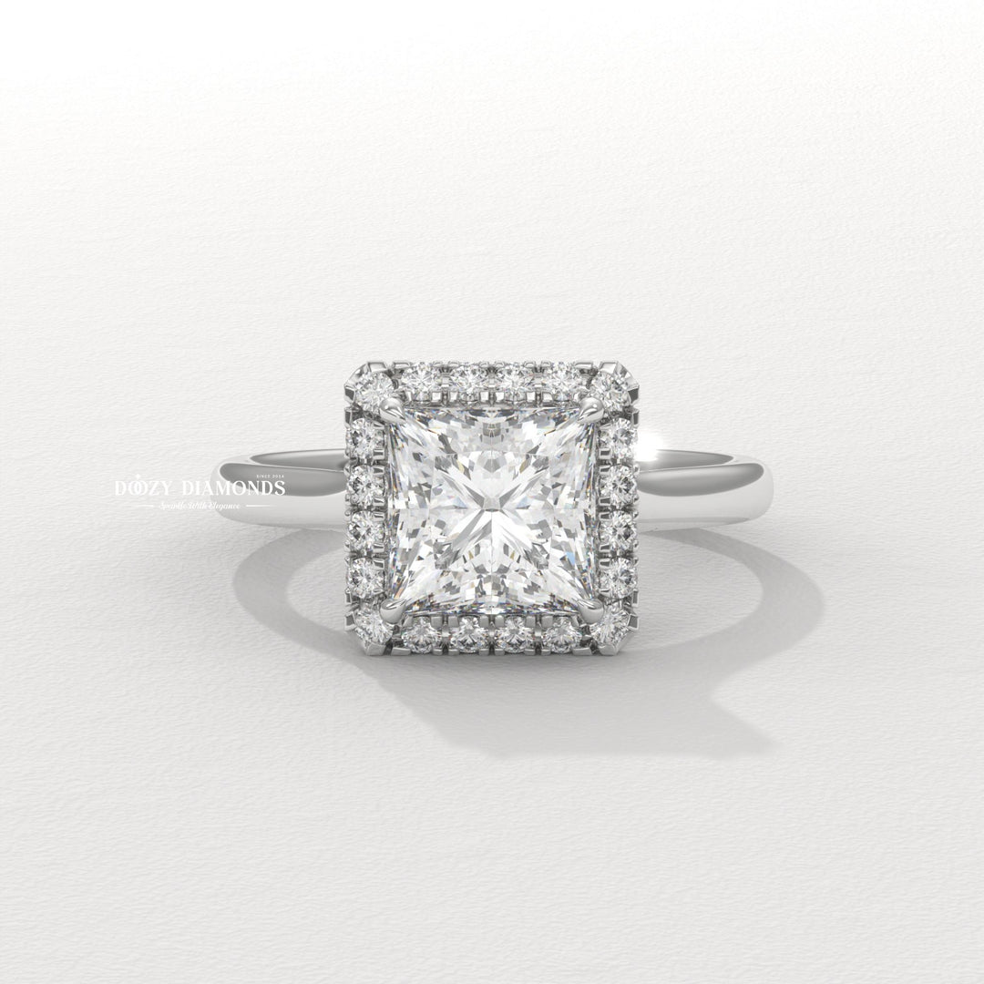 Top-down view of princess cut solitaire engagement ring