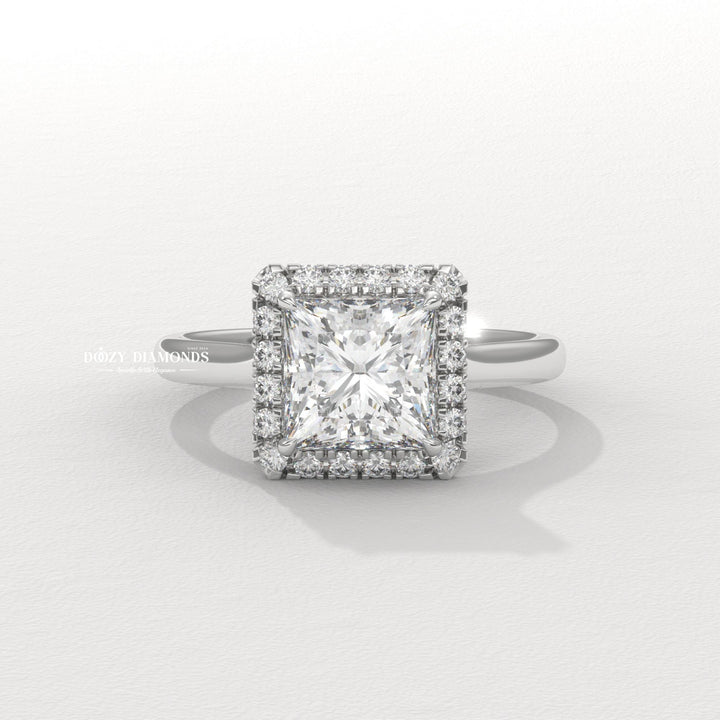 Top-down view of princess cut solitaire engagement ring