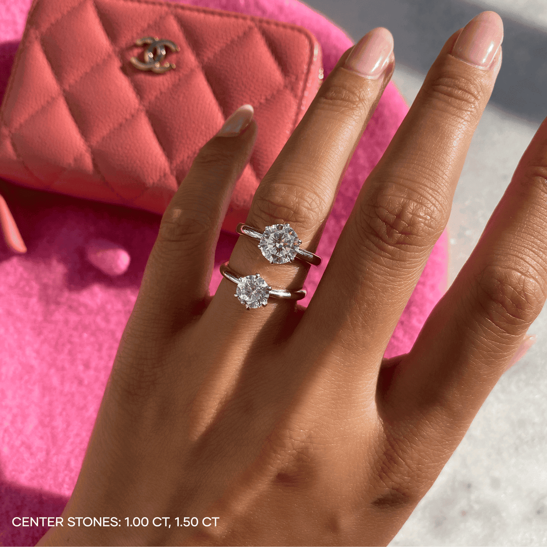Top-down view of round cut solitaire engagement ring